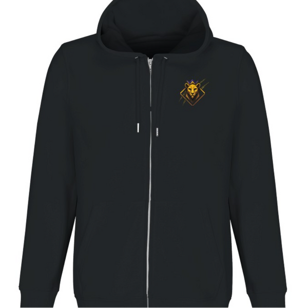 Black hoodie withyellow logo on a white background
